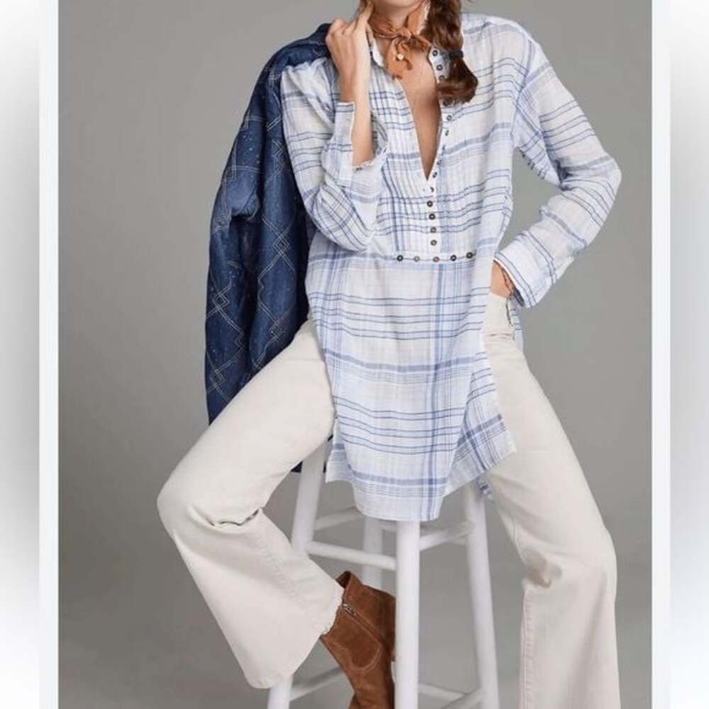 Anthropologie Pilcro Blue and White Plaid Button-Down Tunic